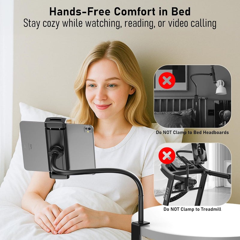TeQable Tablet Stand for Desk, Gooseneck iPad Holder Clamp Mount, 360° Adjustable Arm Mount for iPad Pro/Air/Mini, Kindle Fire, Galaxy Tabs, 4.7"-13.5" Tablets, for Kitchen, Work, Video Call, Bed - Image 2
